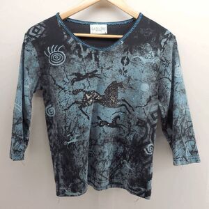 VTG Cactus Bay Shirt Womens Small Tie Dye Deep Neck Cave Art Petroglyph USA Top